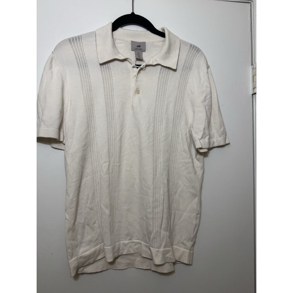 H&M Men’s Textured Knit Camp Collar Shirt Off White Cream Size  Small